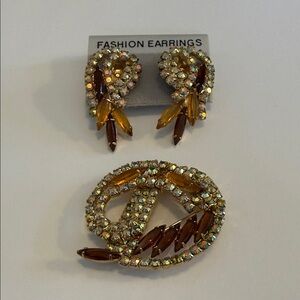 Elegant Gold and Brown Fashion Earrings and Brooch Set (set of 3)